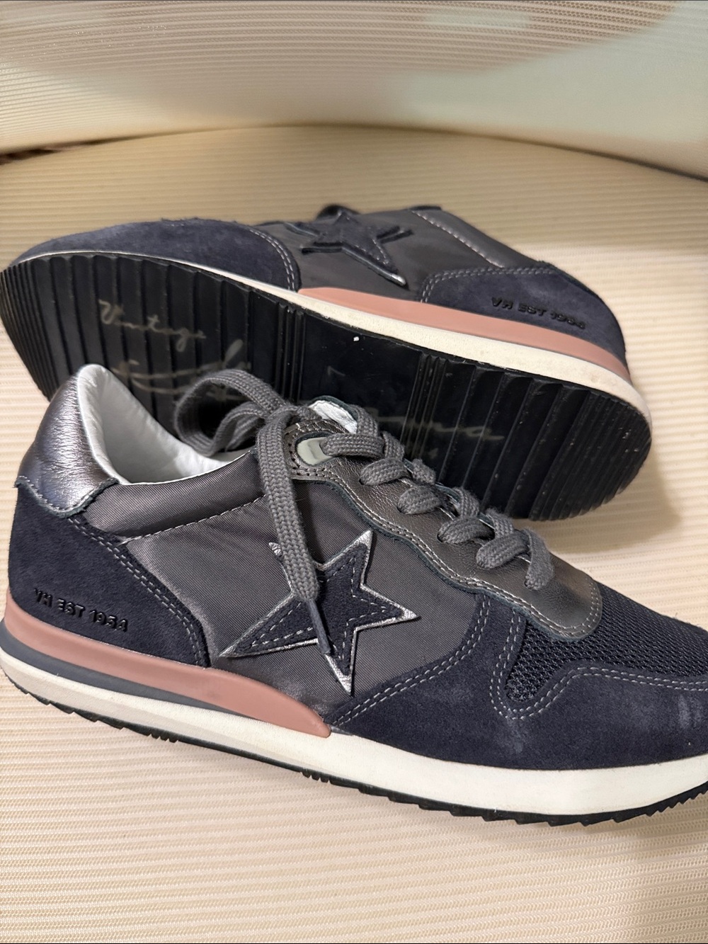 Vintage Havana Navy Suede & Leather Star Sneakers with Blush Accent